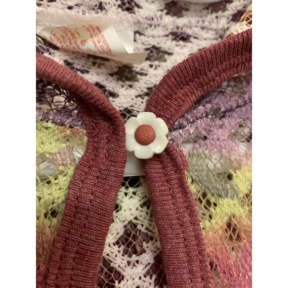 Open Knit Cardigan Women’s Medium Short Sleeve Coverup With Hood Floral Crochet - Picture 3 of 8